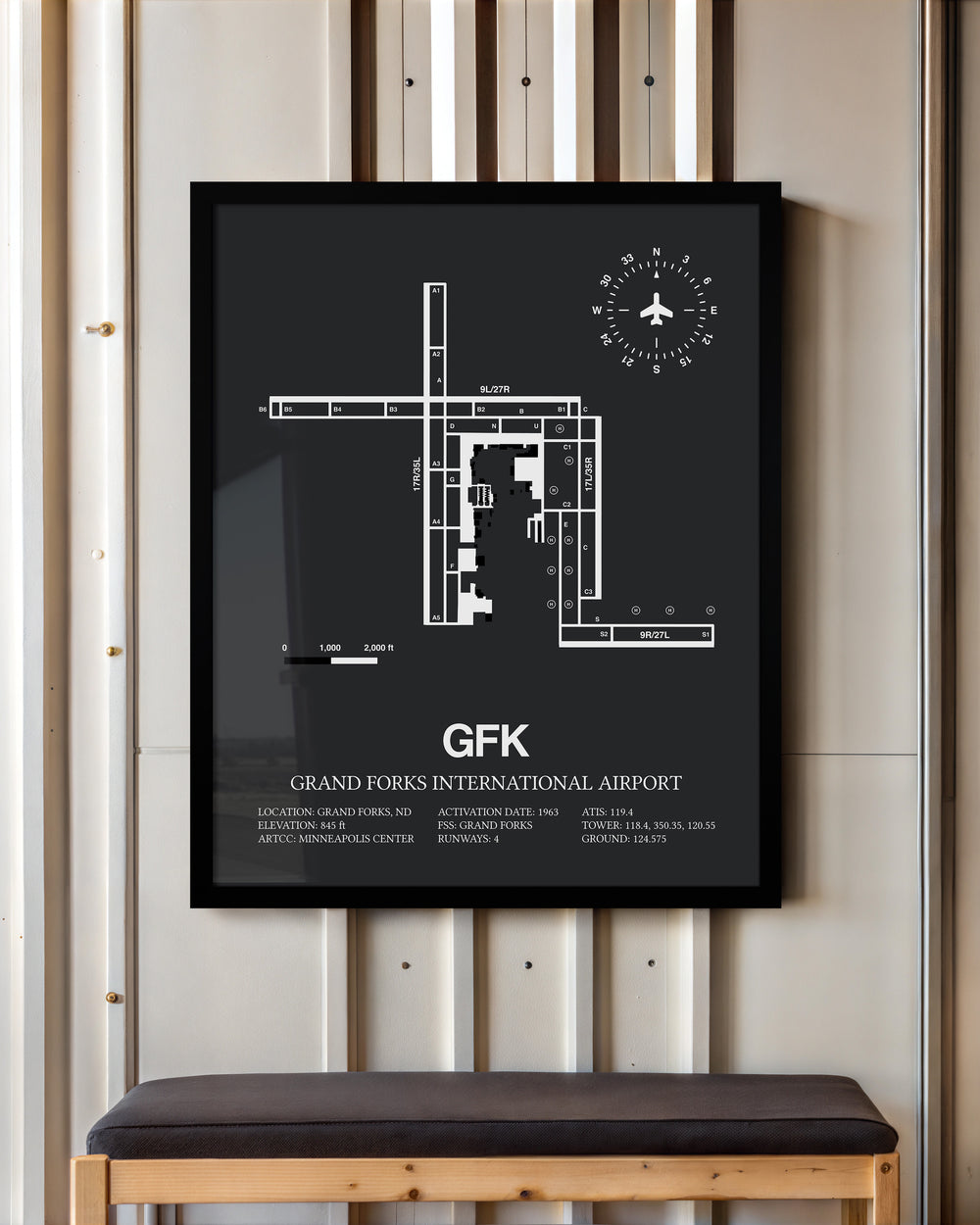 Framed Detailed Airport Map of Grand Forks International Airport (GFK) in Gray with a Black Frame