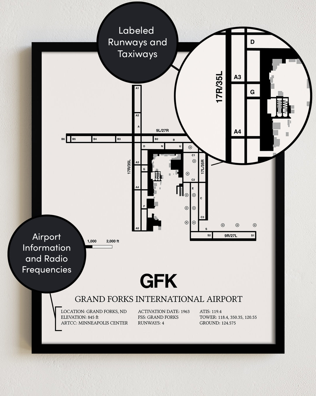 Framed Detailed Airport Map of Grand Forks International Airport (GFK) in White with a Black Frame