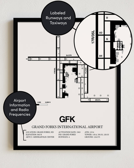 Framed Detailed Airport Map of Grand Forks International Airport (GFK) in White with a Black Frame
