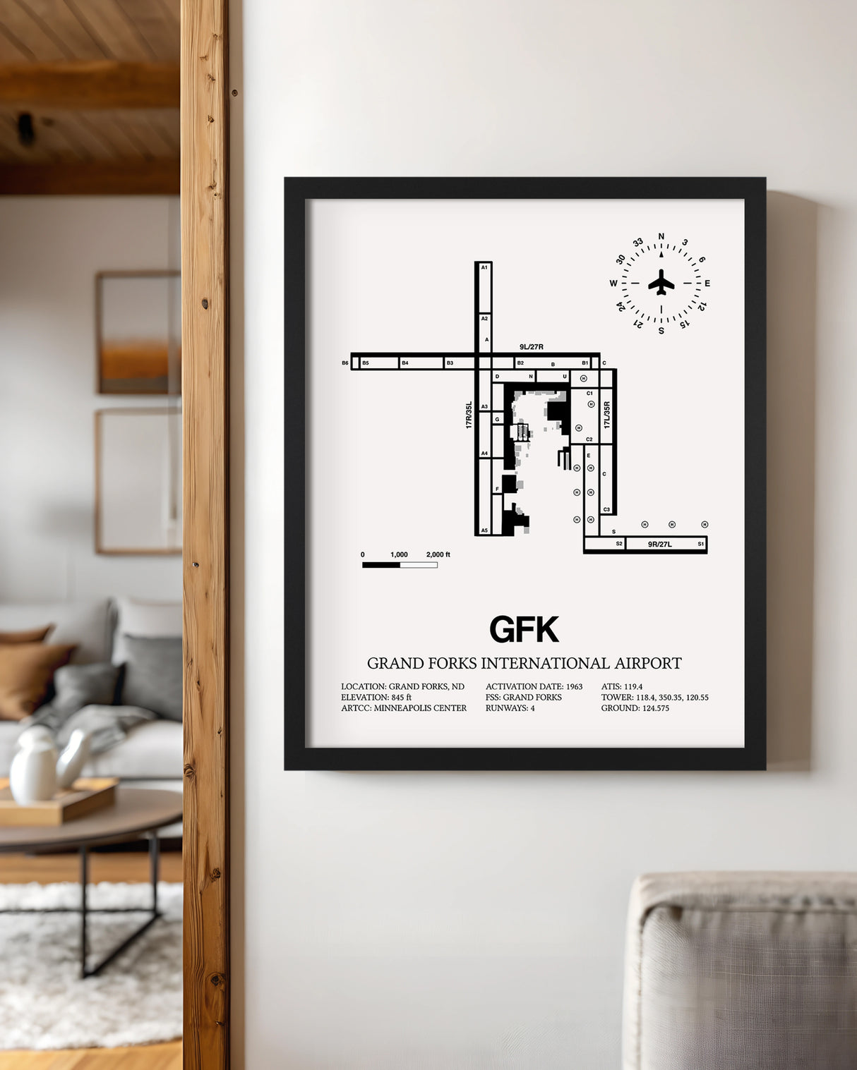 Framed Detailed Airport Map of Grand Forks International Airport (GFK) in White with a Black Frame