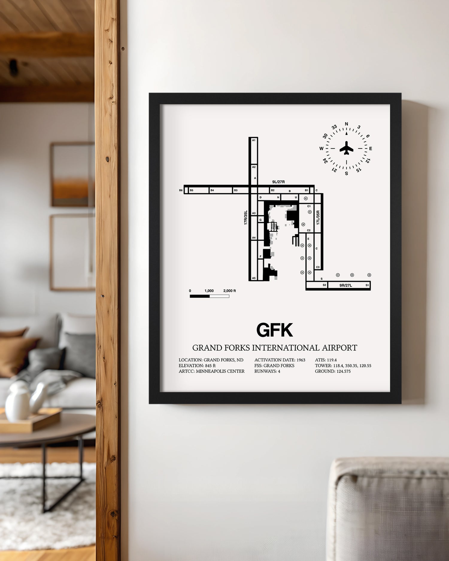 Framed Detailed Airport Map of Grand Forks International Airport (GFK) in White with a Black Frame