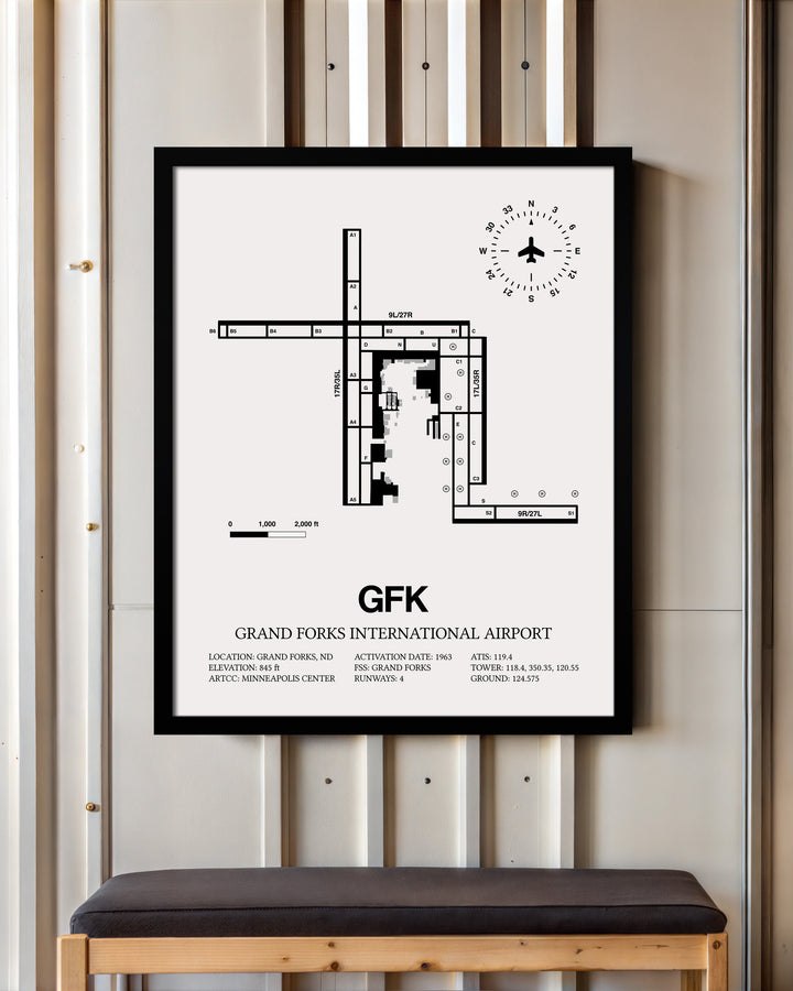 Framed Detailed Airport Map of Grand Forks International Airport (GFK) in White with a Black Frame