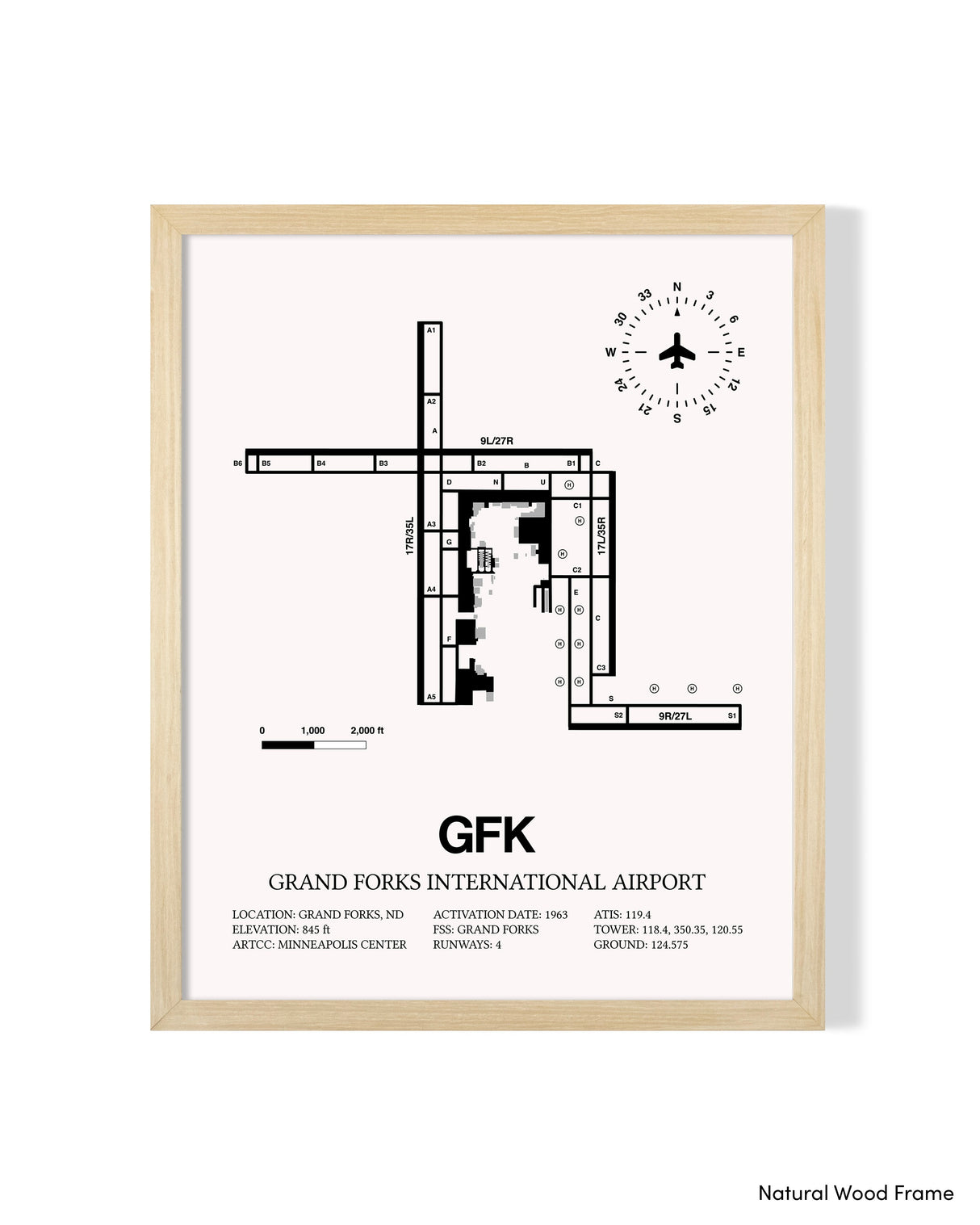 Detailed Airport Map of Grand Forks International Airport (GFK) in White with a Natural Frame