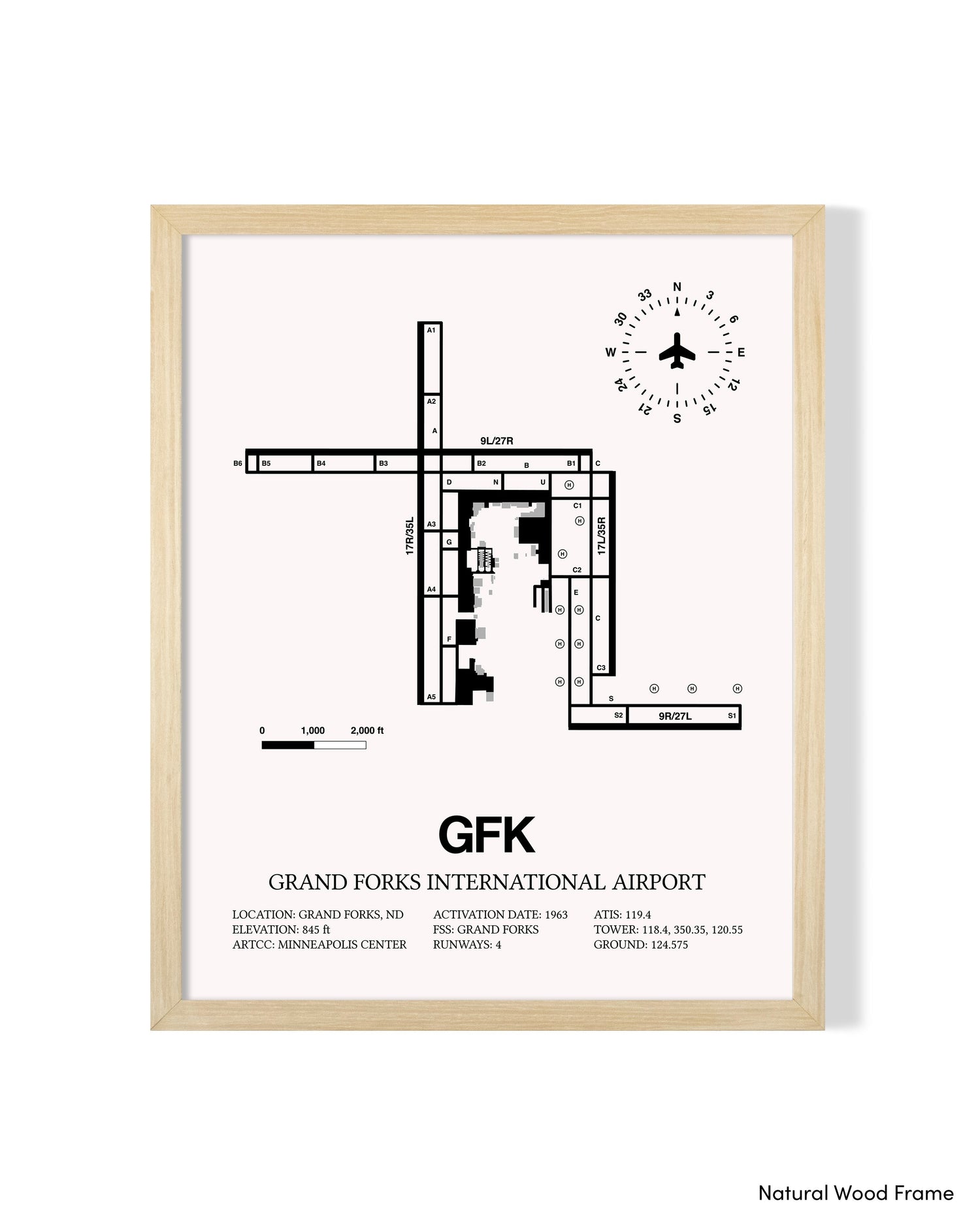 Detailed Airport Map of Grand Forks International Airport (GFK) in White with a Natural Frame
