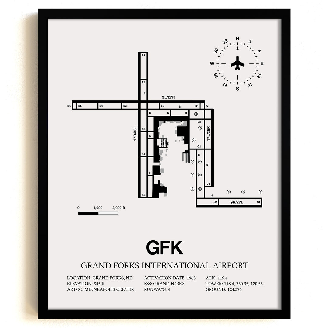 Framed Detailed Airport Map of Grand Forks International Airport (GFK) in White with a Black Frame