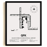 Framed Detailed Airport Map of Grand Forks International Airport (GFK) in White with a Black Frame