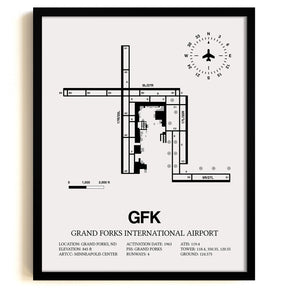 Framed Detailed Airport Map of Grand Forks International Airport (GFK) in White with a Black Frame