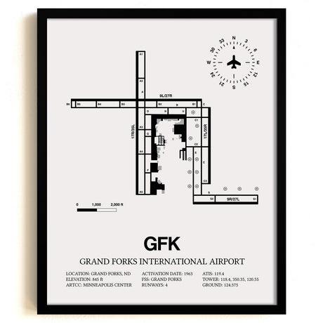 Framed Detailed Airport Map of Grand Forks International Airport (GFK) in White with a Black Frame