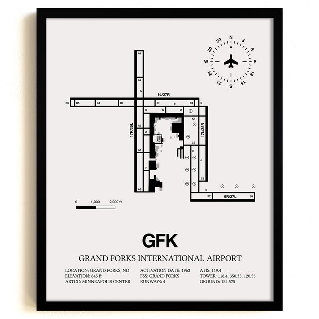 Framed Detailed Airport Map of Grand Forks International Airport (GFK) in White with a Black Frame