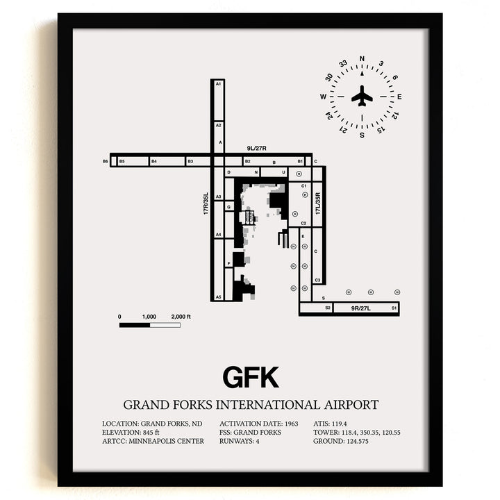 Framed Detailed Airport Map of Grand Forks International Airport (GFK) in White with a Black Frame