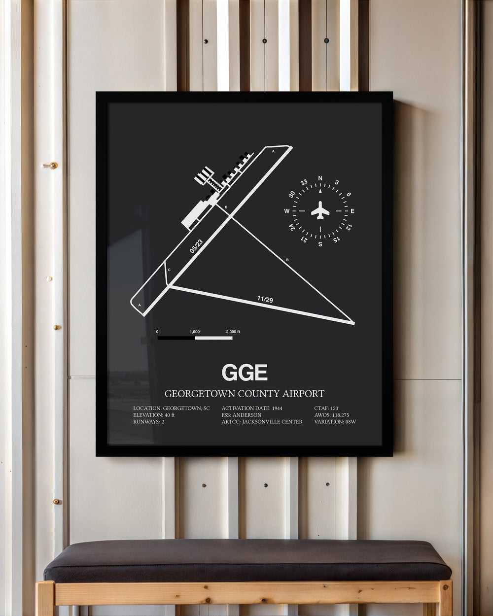 Framed Detailed Airport Map of Georgetown County Airport (GGE) in Gray with a Black Frame