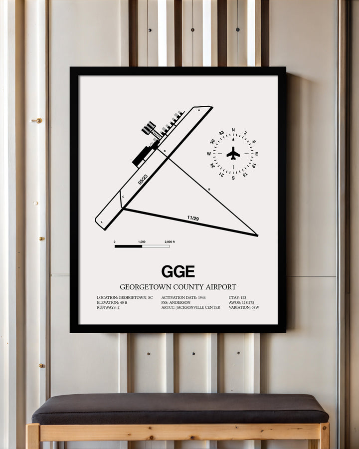 Framed Detailed Airport Map of Georgetown County Airport (GGE) in White with a Black Frame