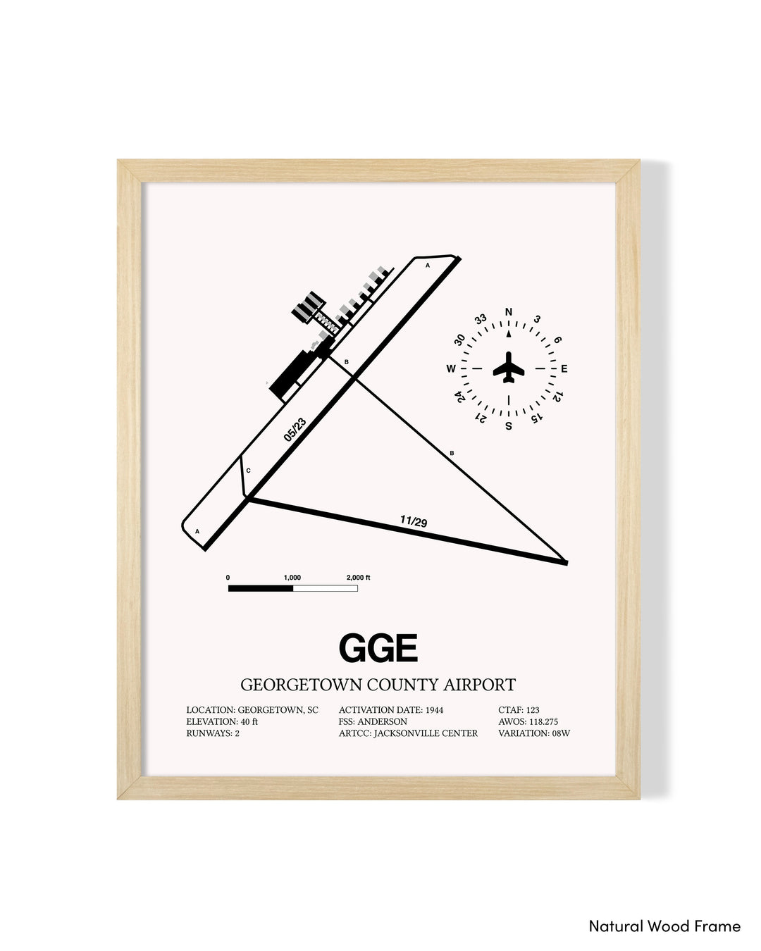 Detailed Airport Map of Georgetown County Airport (GGE) in White with a Natural Frame