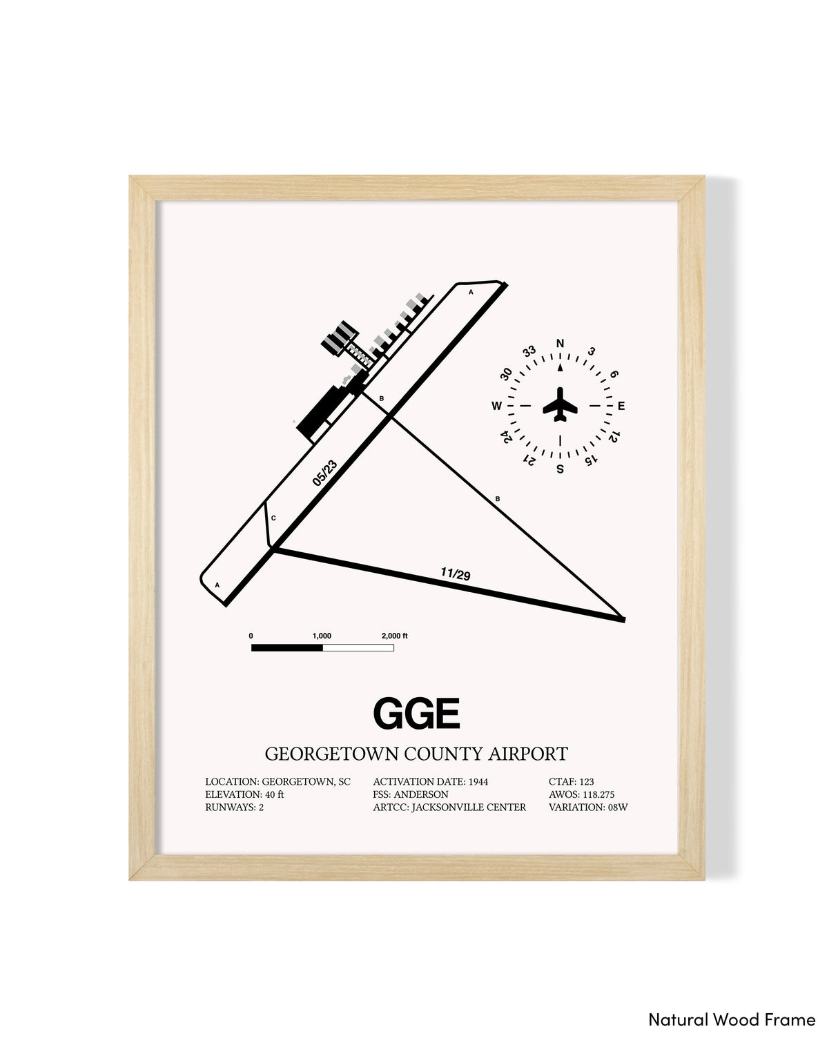 Detailed Airport Map of Georgetown County Airport (GGE) in White with a Natural Frame