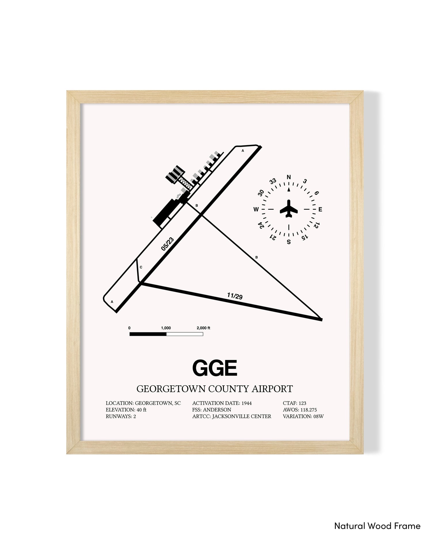 Detailed Airport Map of Georgetown County Airport (GGE) in White with a Natural Frame