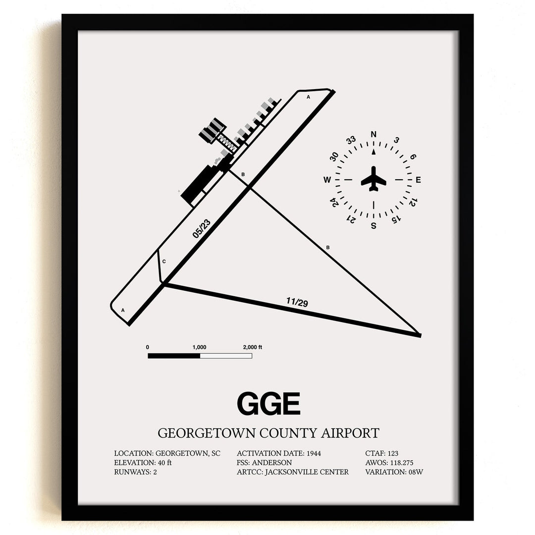 Framed Detailed Airport Map of Georgetown County Airport (GGE) in White with a Black Frame