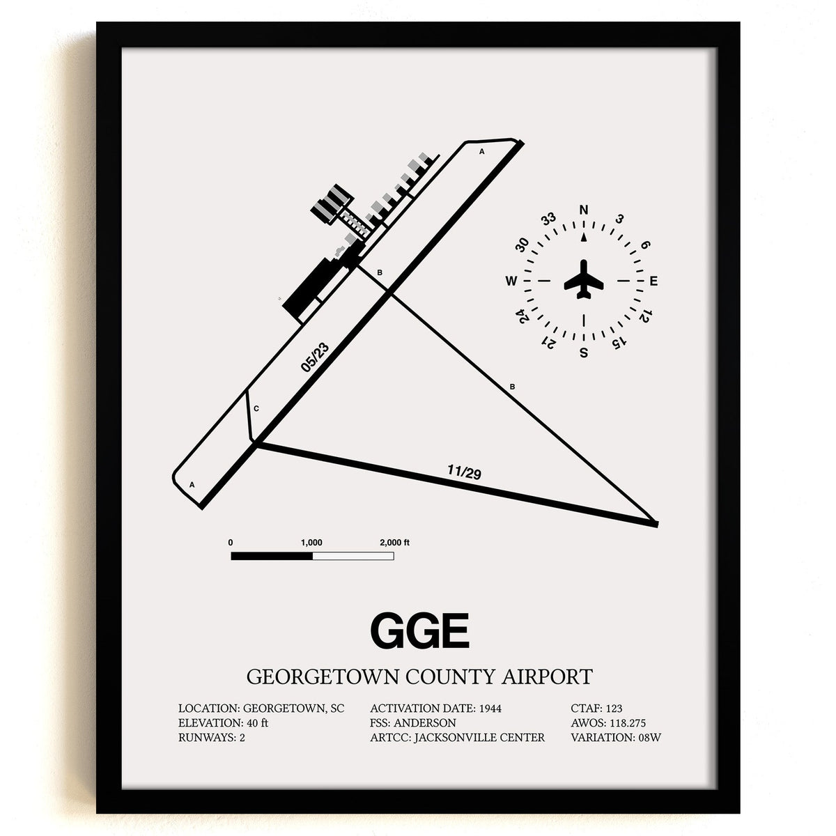 Framed Detailed Airport Map of Georgetown County Airport (GGE) in White with a Black Frame