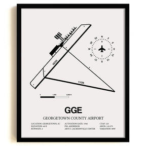 Framed Detailed Airport Map of Georgetown County Airport (GGE) in White with a Black Frame