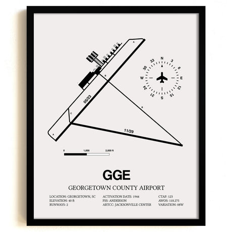 Framed Detailed Airport Map of Georgetown County Airport (GGE) in White with a Black Frame