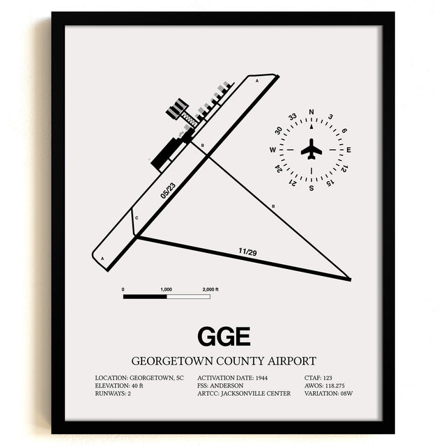 Framed Detailed Airport Map of Georgetown County Airport (GGE) in White with a Black Frame
