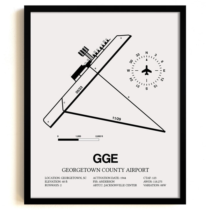 Framed Detailed Airport Map of Georgetown County Airport (GGE) in White with a Black Frame