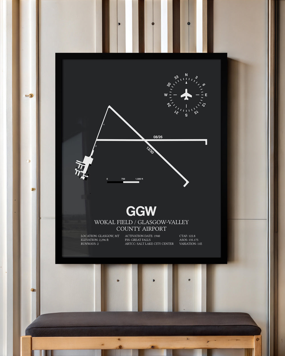 Framed Detailed Airport Map of Wokal Field / Glasgow-Valley County Airport (GGW) in Gray with a Black Frame