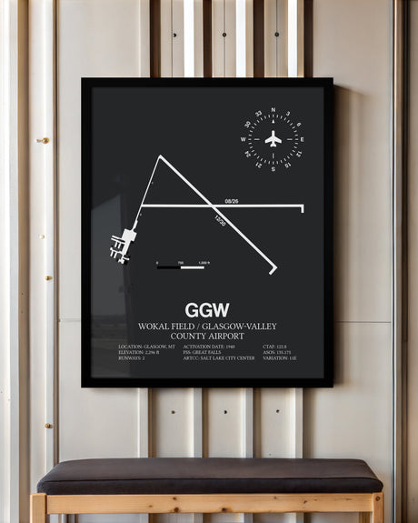 Framed Detailed Airport Map of Wokal Field / Glasgow-Valley County Airport (GGW) in Gray with a Black Frame