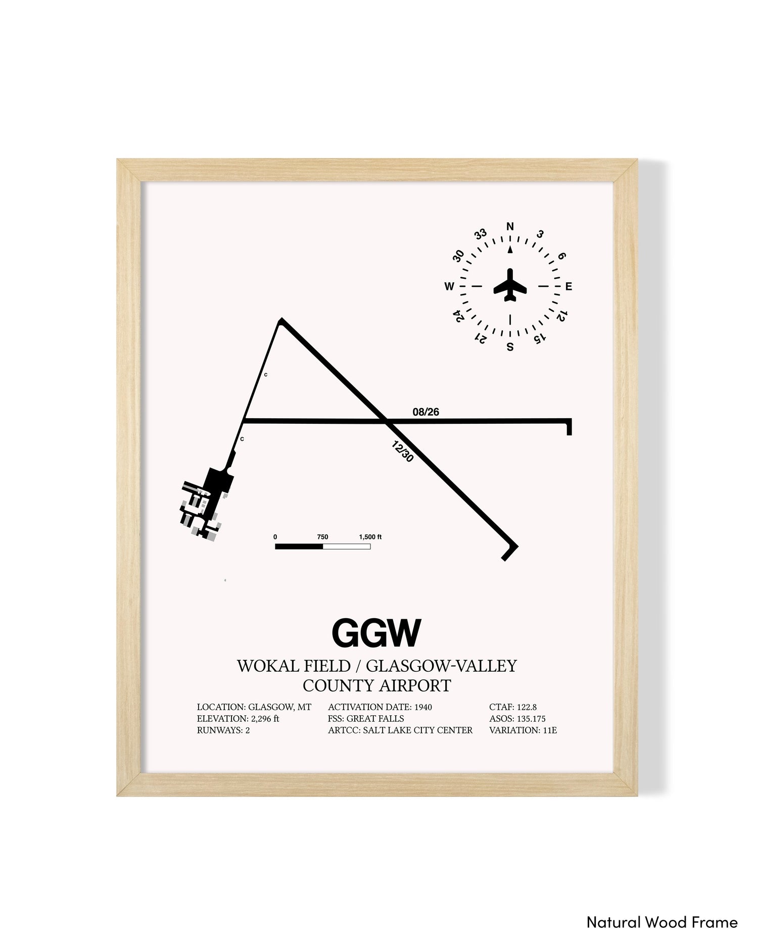 Detailed Airport Map of Wokal Field / Glasgow-Valley County Airport (GGW) in White with a Natural Frame