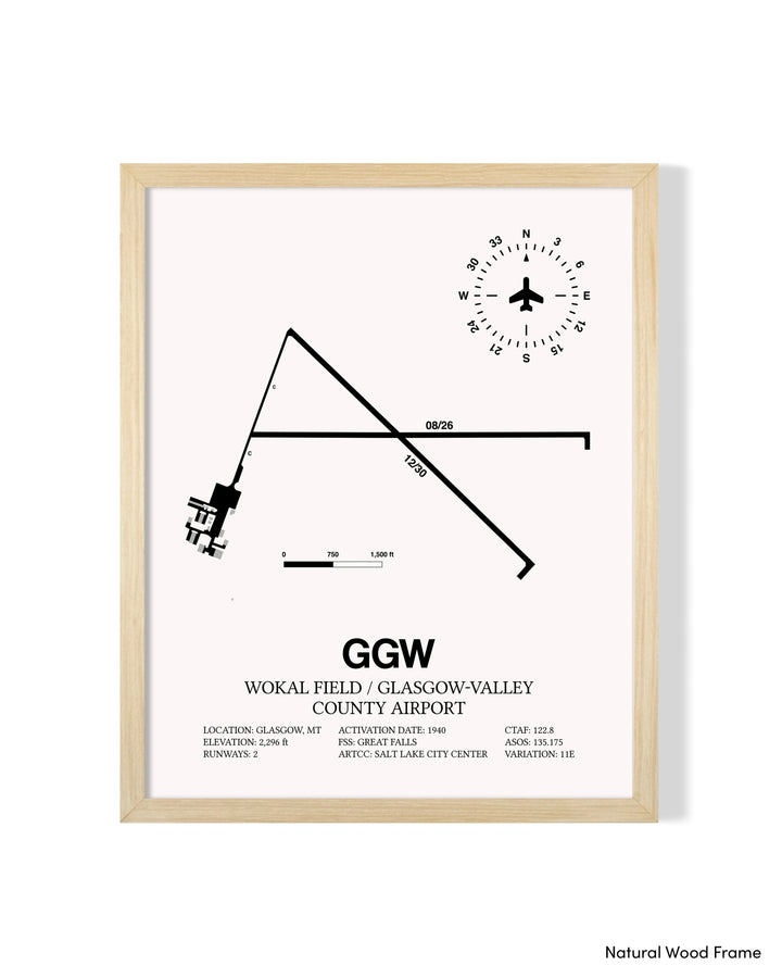 Detailed Airport Map of Wokal Field / Glasgow-Valley County Airport (GGW) in White with a Natural Frame