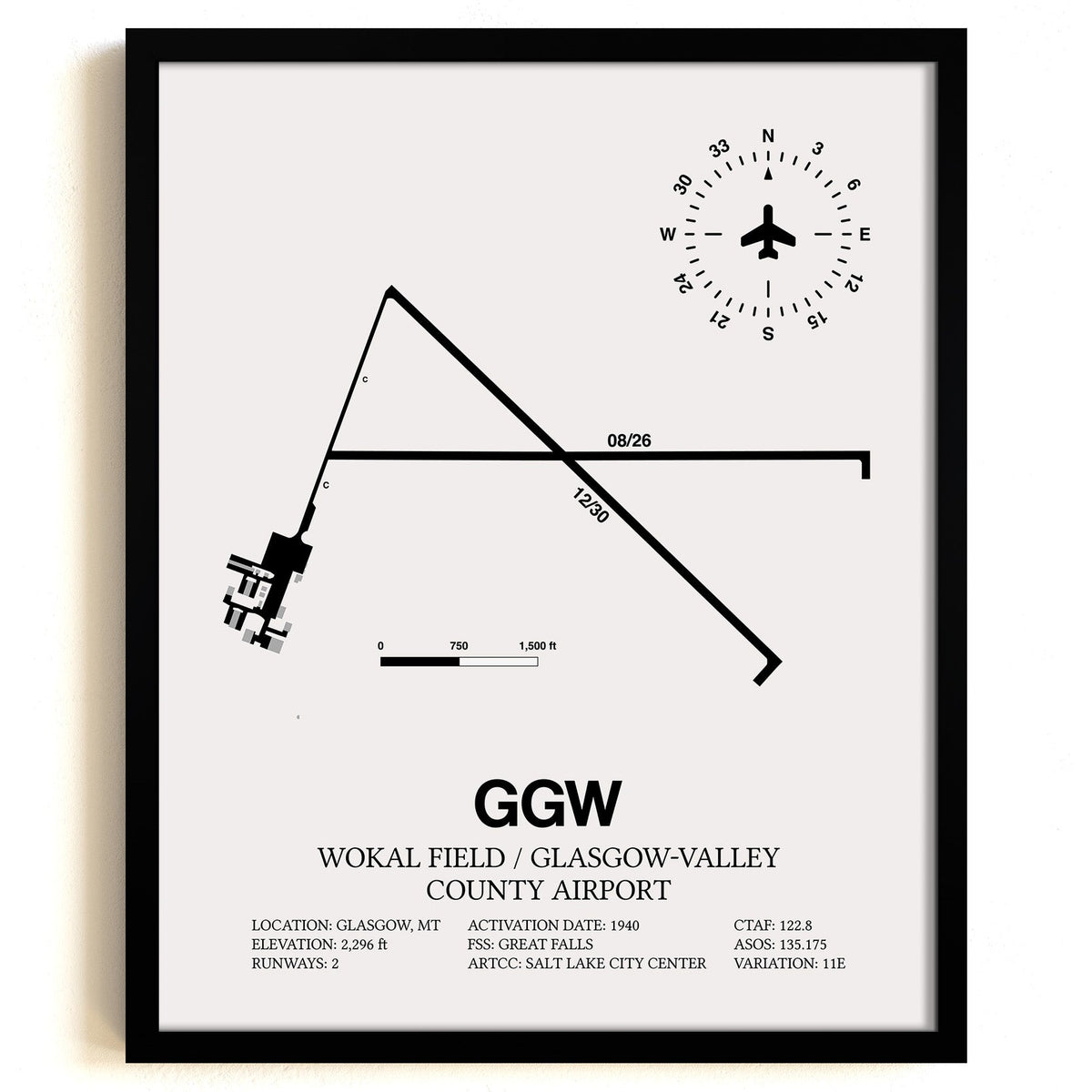 Framed Detailed Airport Map of Wokal Field / Glasgow-Valley County Airport (GGW) in White with a Black Frame