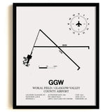 Framed Detailed Airport Map of Wokal Field / Glasgow-Valley County Airport (GGW) in White with a Black Frame