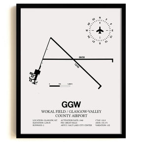 Framed Detailed Airport Map of Wokal Field / Glasgow-Valley County Airport (GGW) in White with a Black Frame