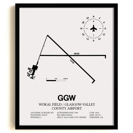 Framed Detailed Airport Map of Wokal Field / Glasgow-Valley County Airport (GGW) in White with a Black Frame