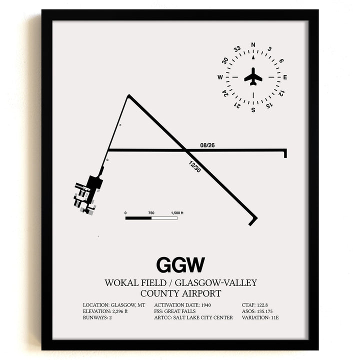 Framed Detailed Airport Map of Wokal Field / Glasgow-Valley County Airport (GGW) in White with a Black Frame