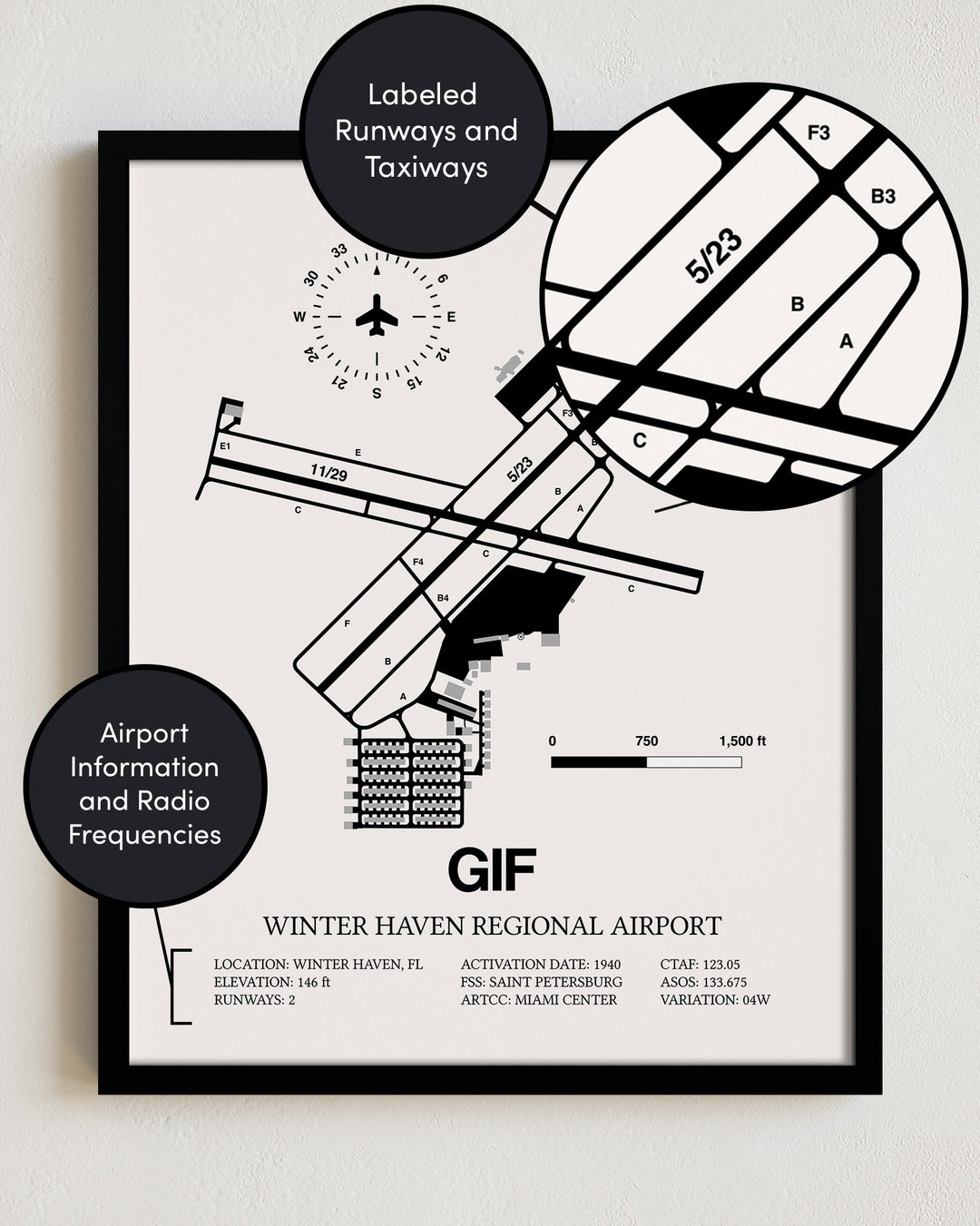 Framed Detailed Airport Map of Winter Haven Regional Airport (GIF) in White with a Black Frame