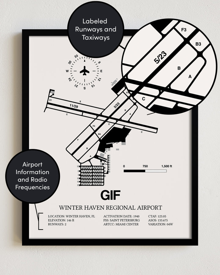 Framed Detailed Airport Map of Winter Haven Regional Airport (GIF) in White with a Black Frame