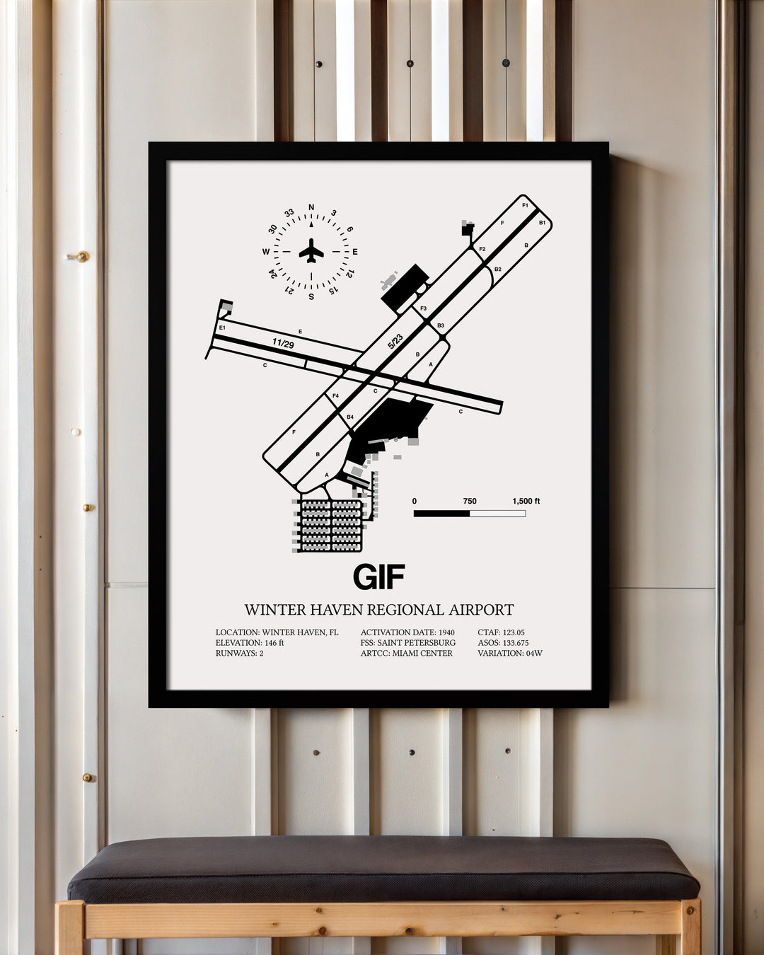 Framed Detailed Airport Map of Winter Haven Regional Airport - Gilbert Field (GIF) in White with a Black Frame
