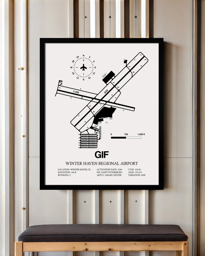 Framed Detailed Airport Map of Winter Haven Regional Airport - Gilbert Field (GIF) in White with a Black Frame