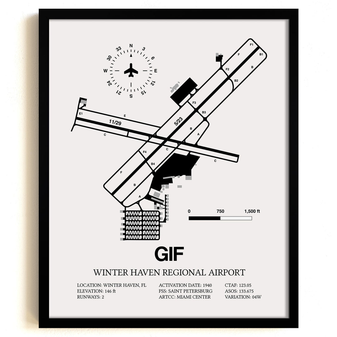 Framed Detailed Airport Map of Winter Haven Regional Airport - Gilbert Field (GIF) in White with a Black Frame