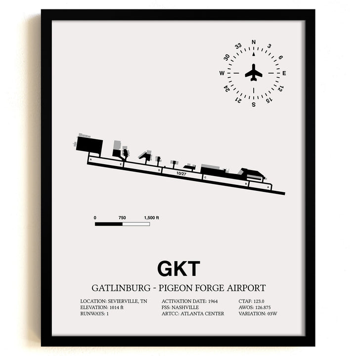 Framed Detailed Airport Map of Gatlinburg - Pigeon Forge Airport (GKT) in White with a Black Frame