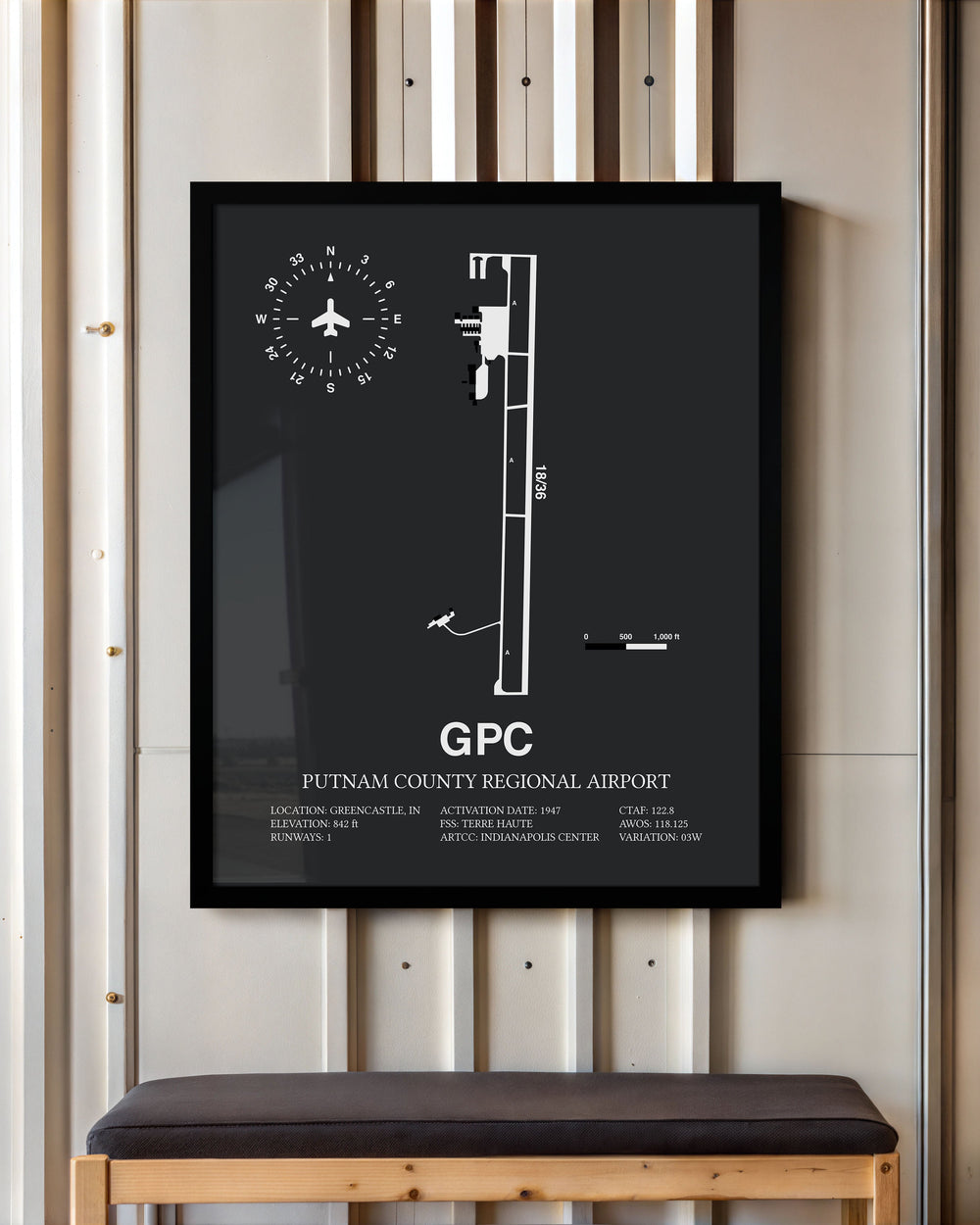 Framed Detailed Airport Map of Putnam County Regional Airport (GPC) in Gray with a Black Frame