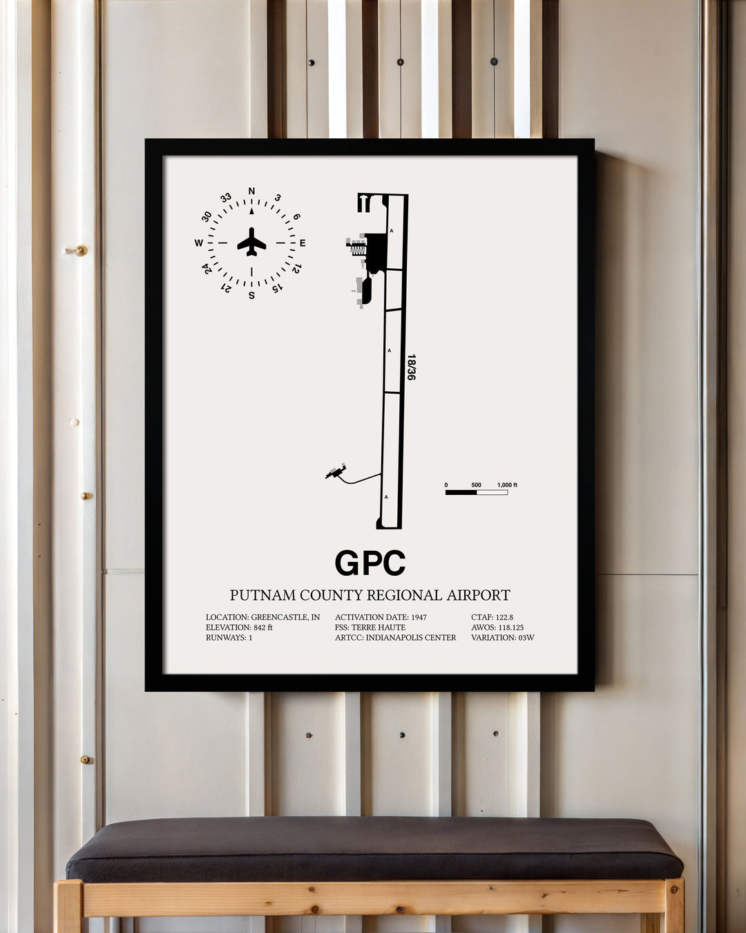 Framed Detailed Airport Map of Putnam County Regional Airport (GPC) in White with a Black Frame