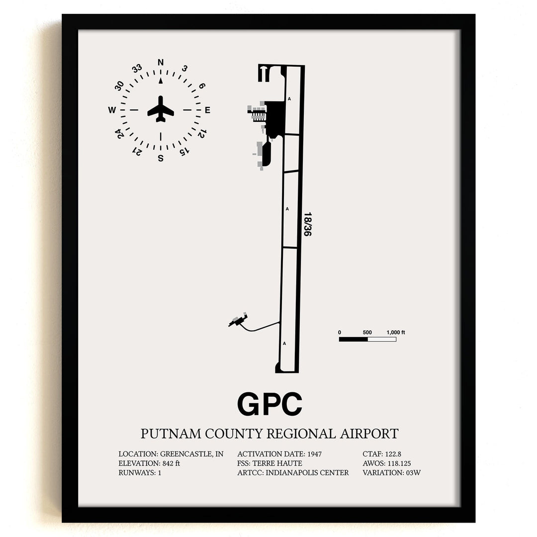 Framed Detailed Airport Map of Putnam County Regional Airport (GPC) in White with a Black Frame