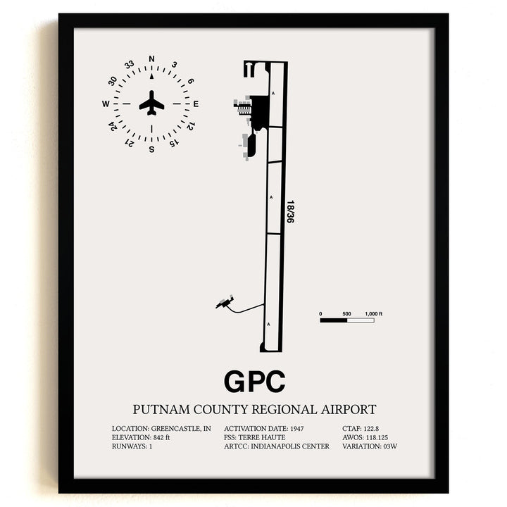 Framed Detailed Airport Map of Putnam County Regional Airport (GPC) in White with a Black Frame