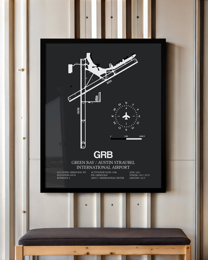 Framed Detailed Airport Map of Green Bay/Austin Straubel International Airport (GRB) in Gray with a Black Frame