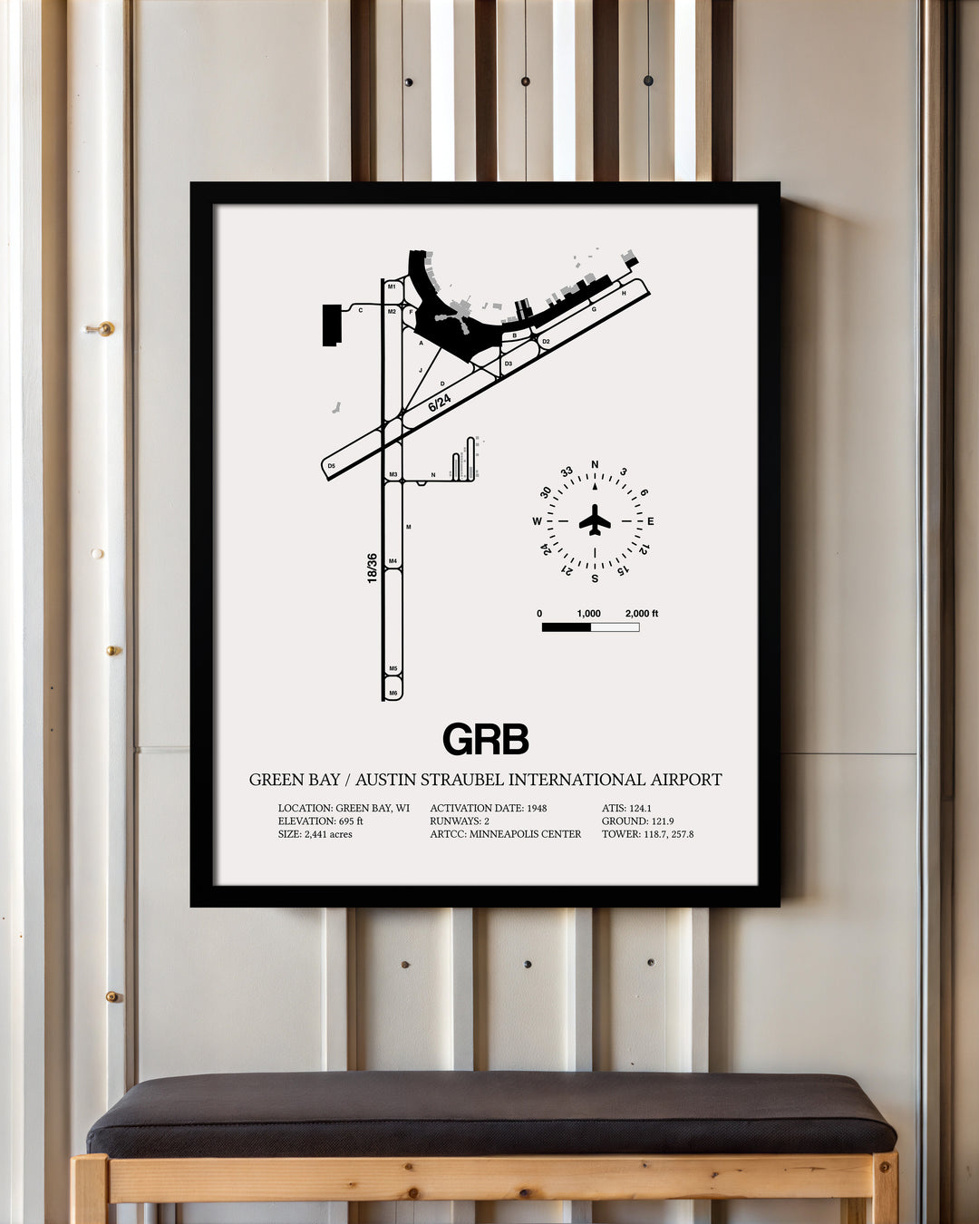 GRB Airport Map, Green Bay/Austin Straubel International Airport Framed Print