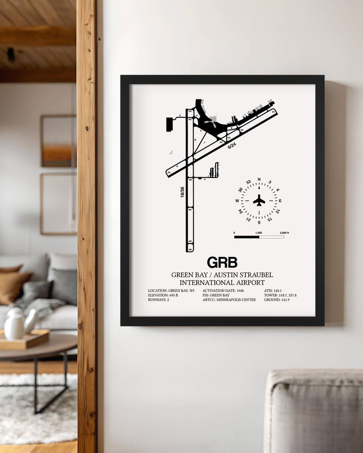 Framed Detailed Airport Map of Green Bay/Austin Straubel International Airport (GRB) in White with a Black Frame