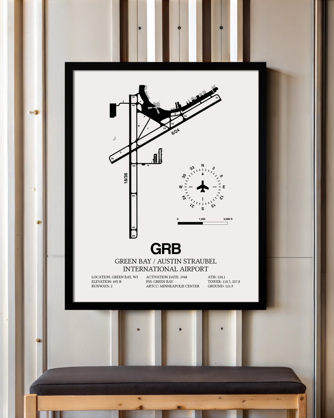 Framed Detailed Airport Map of Green Bay/Austin Straubel International Airport (GRB) in White with a Black Frame