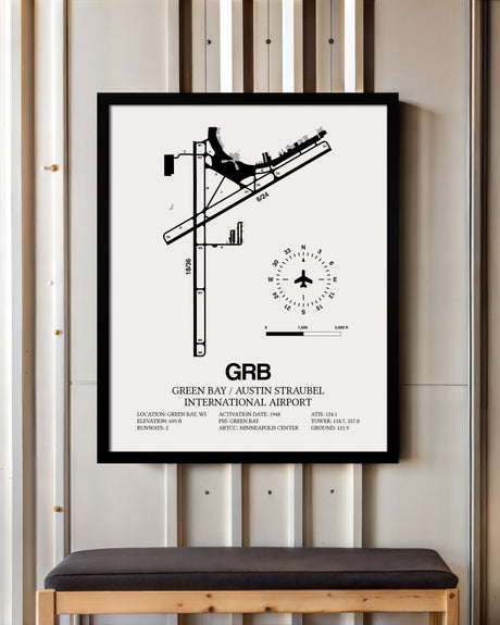 Framed Detailed Airport Map of Green Bay/Austin Straubel International Airport (GRB) in White with a Black Frame