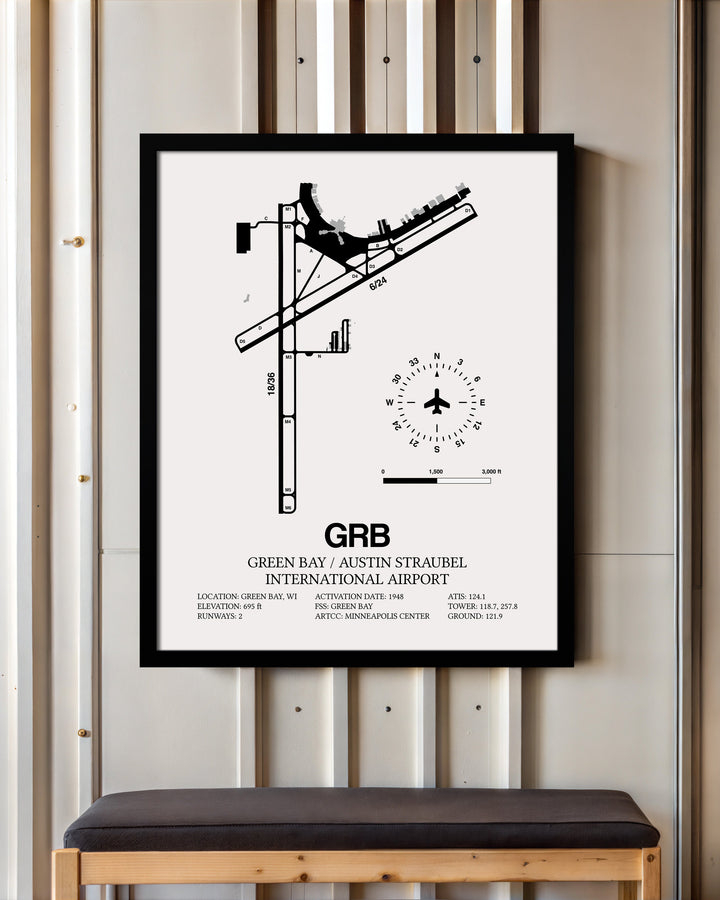 Framed Detailed Airport Map of Green Bay/Austin Straubel International Airport (GRB) in White with a Black Frame